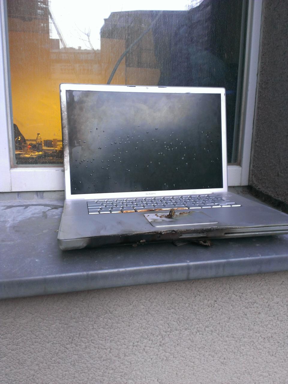 A burnt up MacBook after its Lithium battery got too hot.